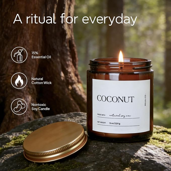 Coconut Scented Soy Candle for Home, Natural Aromatherapy Candles with Essential Oils, Nontoxic Clean Burn, Strong Balanced Scent, 50 Hour Longlasting, Amber Jar Candel for Women Men(9oz)