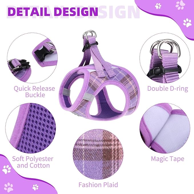 KOOLTAIL Dog Harness and Leash Set for Small Medium Dogs, Step in No Pull Soft Mesh Dog Harness Comfort Padded Pet Vest, Adjustable Reflective Easy Walking Puppy Cats Harness Training, Plaid Purple XS