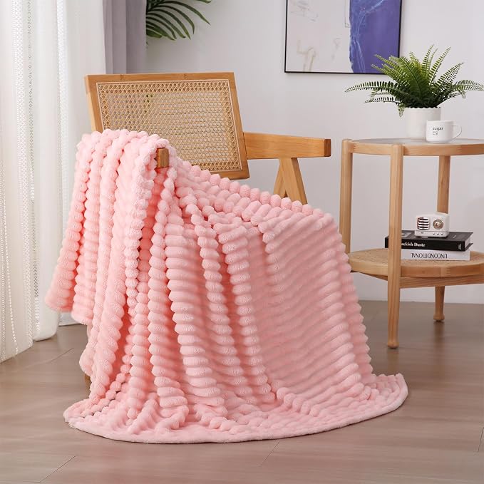 Light Pink Fleece Throw Blanket 90”×90” for Couch Sofa Livingroom | Super Soft Cozy Plush Microfiber Flannel Bed Blanket Striped Design Lightweight Home Decor Gifts for Adults Mom Women