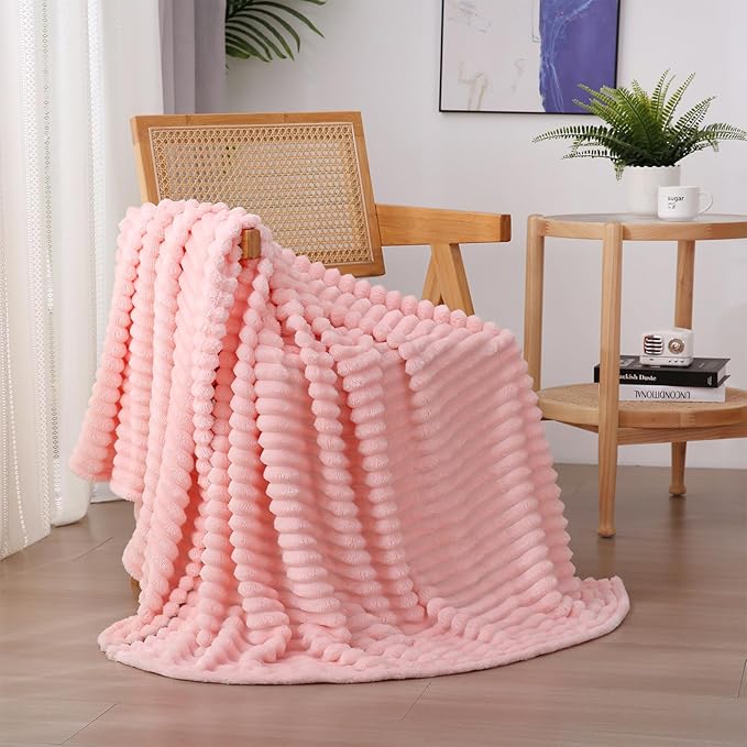Light Pink Fleece Throw Blanket 60”×80” for Couch Sofa Livingroom | Super Soft Cozy Plush Microfiber Flannel Bed Blanket Striped Design Lightweight Home Decor Gifts for Adults Mom Women