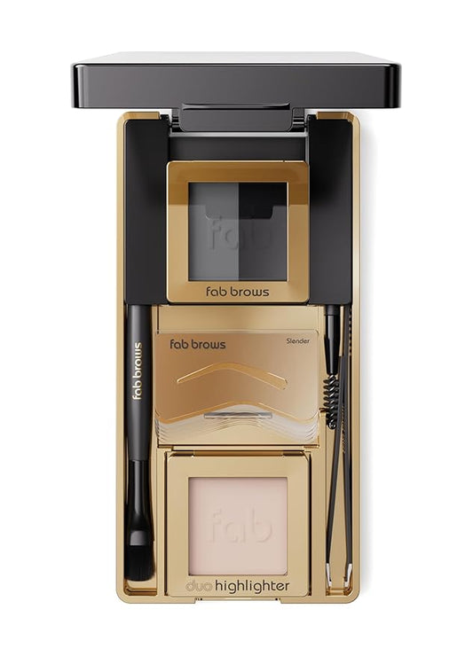 Fab Brows LUX Duo Stencil Eyebrow Kit - The Ultimate Brow Stencil Kit with Duo Brow Powder, Highlighter Powder, Stencil Shapes, Eyebrow Tools & Mirror - Eyebrow Stencil Kit Makeup - Slate/Black