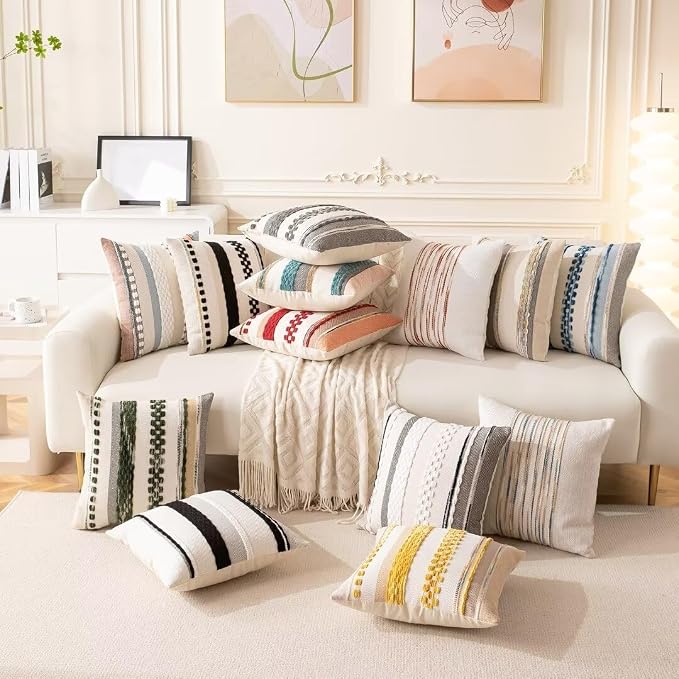Boho Throw Pillow Covers Decorative Neutral Farmhouse Pillow case | 18x18 Set of 2 Cushion Case Striped Square Pillows Cover Couch Pillow Cases Accent Pillowcase for Sofa Bed,Black