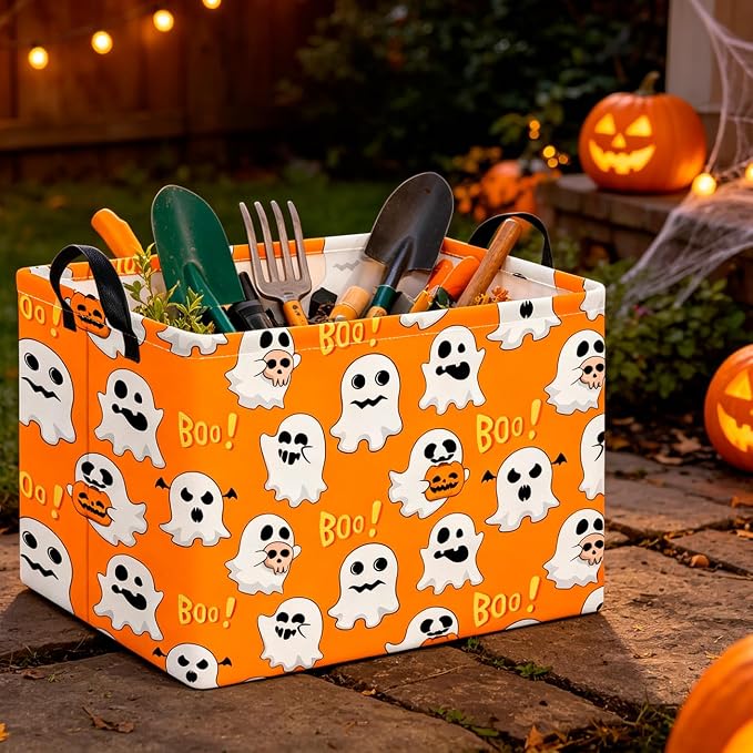 CLOCOR Rectangular Storage Basket Empty,Gift Basket,Room Decor(Yellow Ghosts Halloween)
