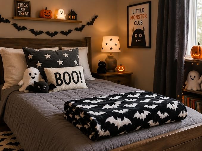 Halloween Fleece Throw Blanket, Silver White Bats on Black, Oversized 50x70 | Ultra-soft cozy flannel fleece, for sofa couch bed chair & dorms, spooky Halloween décor, durable and machine washable.