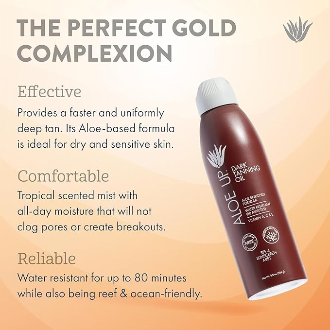 ALOE UP Aloe Vera Quick Dry Tanning Oil Spray 6 Fl Oz – Reef Safe Outdoor Sun Screen & Tan Oil, Non-Greasy, Fast Absorbing, SPF 4, 2 Pack – Brown, Medium Skin Tone