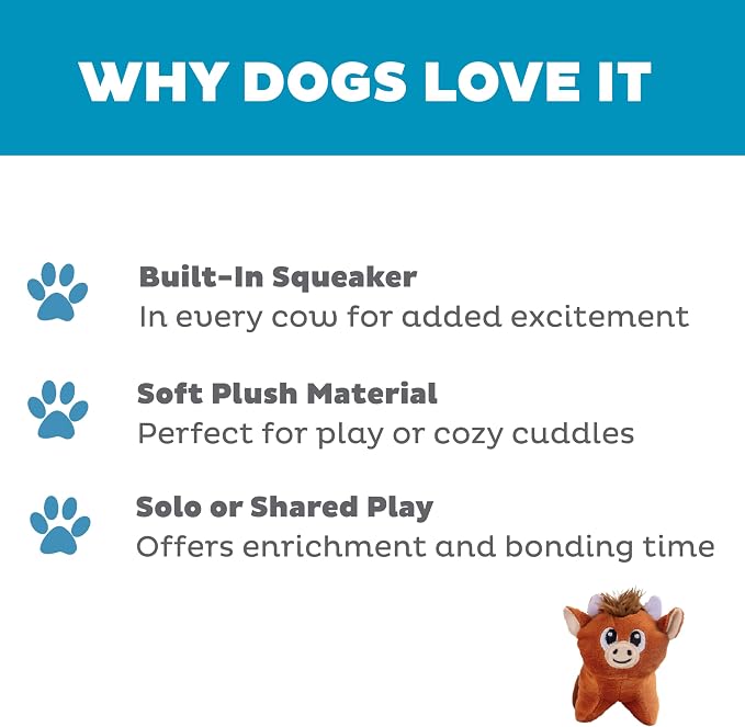 Outward Hound Squeakin’ Cows Dog Toy, Plush Highland Cow with Squeaker, Hide-A-Cow Replacement, Puppies & Small Dogs, 4.3”, 3-Pack