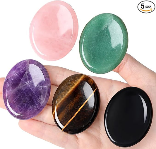 QINJIEJIE 5PCS Worry Stone for Anxiety Crystals Thumb Stones Pocket Gemstones Meditation Accessories Oval Shaped Crystal Natural Reiki Relax Therapy Palm Stone Relief Sets Spiritual Gifts for Kids