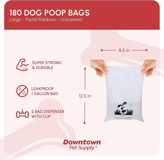 Downtown Pet Supply Unscented Poop Bags for Dogs with Dispenser, 180 Count - Leak-Proof Dog Waste Bags and Bone-Shaped Dog Poop Bags Holder for Leash - Pastel Rainbow, 12.5" x 8.5"