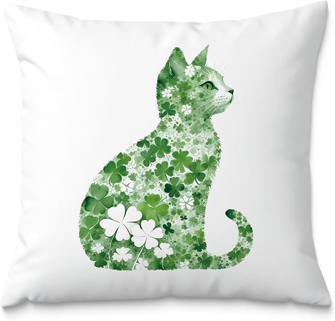 St Patrick's Day Cat Pillow Covers, 18x18, Four Leaf Clover, Lucky Shamrock, St Patrick's Day Decorations for Sofa, Bed, Living Room