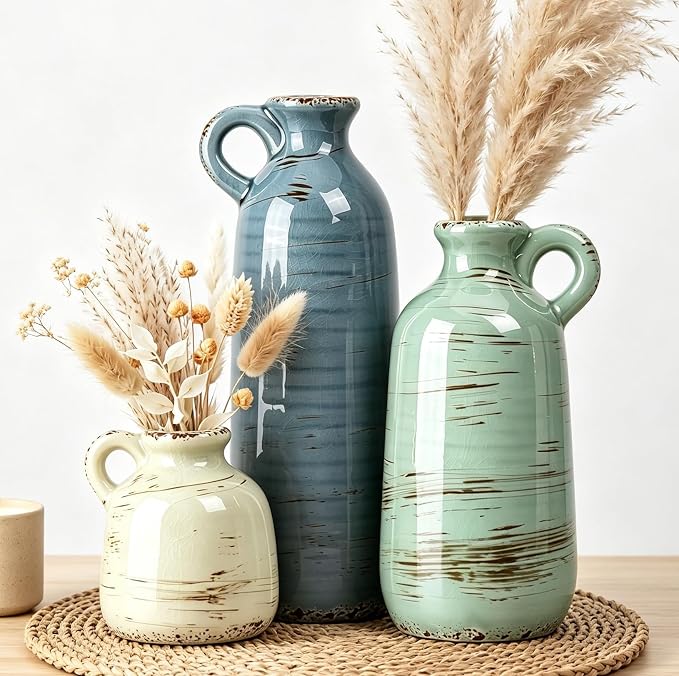 Ceramic Vase Set of 3, Vase Home Decor with Handle, Waterproof Vases | Farmhouse Vases Home for Pampas Grass & Dried Flowers, Flower Vase for Table Living Room Home Decor-Multicolor