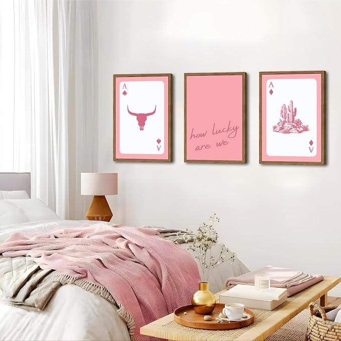 Pink Western Wall Art, How Lucky are We Wall Decor Picture Southwestern Cowgirl Playing Card Poster Canvas Print Bull Skull Painting Artwork for Bedroom Living Room 12x16 inch Wood Framed