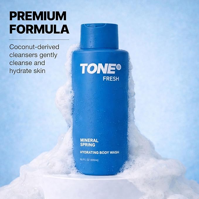 TONE Hydrating Body Wash for Men & Women, Fresh, Coconut-derived Cleansers Leaves Skin Clean, Moisturized & Refreshed, Long-lasting Iconic Scent, All Skin Types, Dermatologist-Tested, 16.9 oz