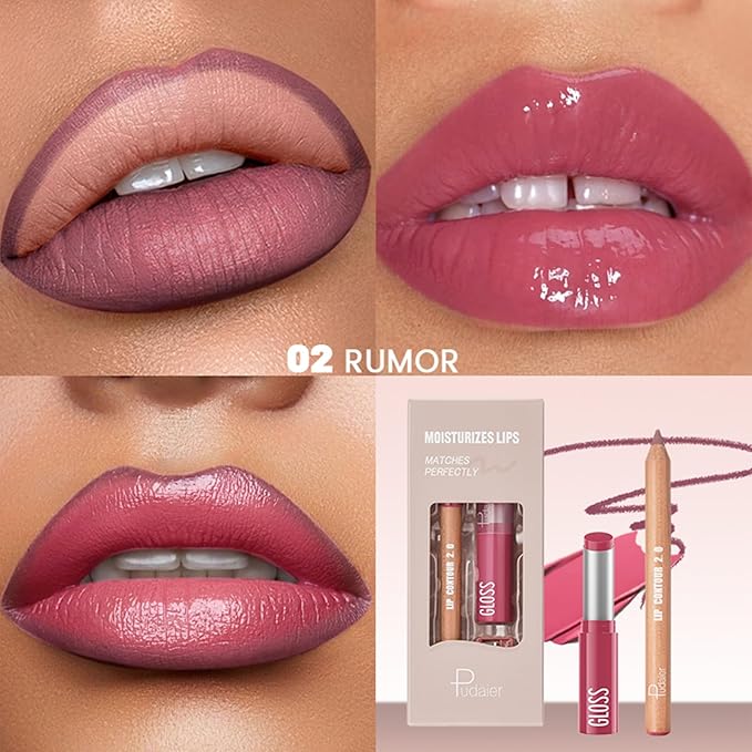 2Pcs Lipstick and Lip Liner Combo, Lip Liner and Lip Gloss Kit for Women, Matte Lip Pencil and Smooth Hydrating Lipstick with Sharpener, Non-Stick Lip Makeup Set