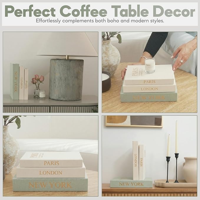 Faux Book Storage Box Set of 3—Green/Beige/Beige—Decorative Faux Books with Hidden Storage for Coffee Table Decor, Bookshelf or Mantle—Linen Decorative Boxes—Aesthetic Book Decor for Home