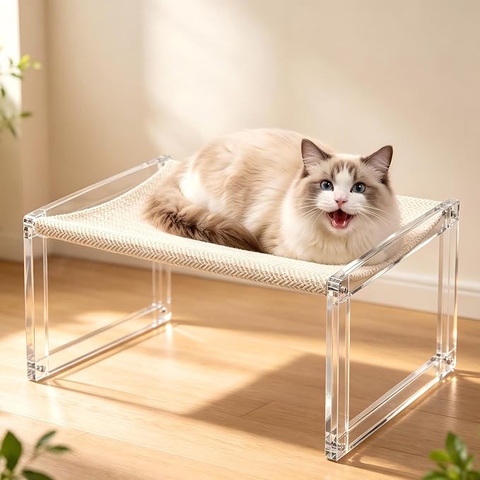 Acrylic Cat Hammock Bed, Elevated Cat Bed with Breathable Woven Mat, Sturdy Clear Cat Perch for Indoor Cats, Kittens, Small Dogs, Space-Saving Cat Furniture for Home Decor