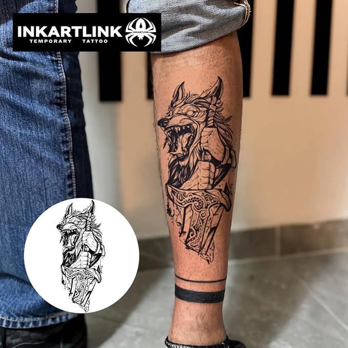 INKARTLINK Semi Permanent Tattoo, Creative Party Tattoo, Exquisite and Realistic Design, Interesting Tattoo Experience, Cruelty-free, Non-reflective, Waterproof (Wolf Swordsman)
