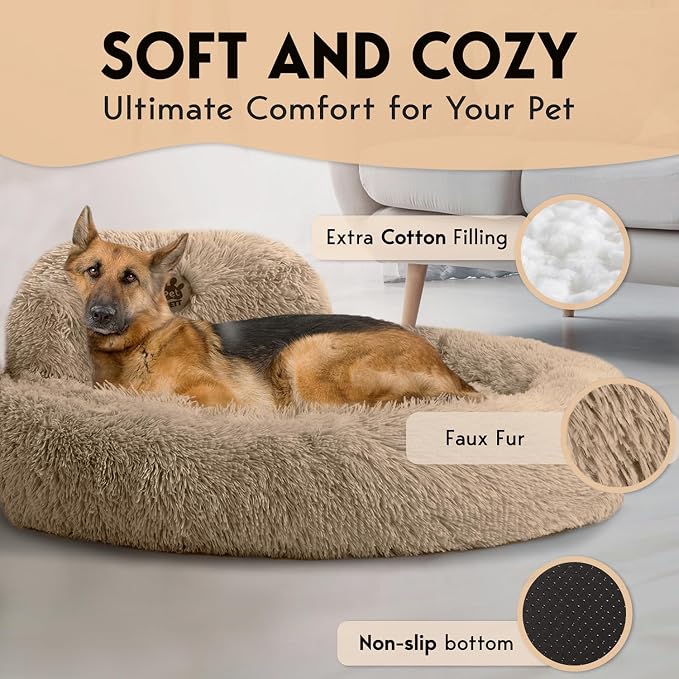 PetJett XL Dog Bed for Large Sized Dog - 45'' Extra Large Dog Bed, Washable Dog Bed - Anti-Slip Super Soft Round Donut Bed, Fluffy Faux Fur Anti-Anxiety Premium Comfort Pet Bed, Fits Dogs upto 120 lbs