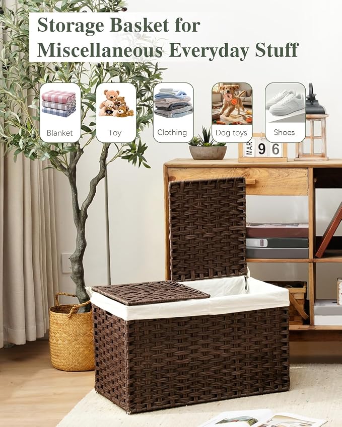 SETVSON Storage Basket with Lid Wicker Baskets for Storage, 160L Brown | 42.3 Gallon Storage Bin with 2 Separate Lids, 2 Removable Liners for Clothes & Blankets, Sturdy Metal Frame, PE Rattan