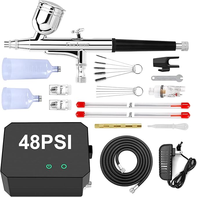 Gocheer Airbrush Kit with Air Compressor, 40 48 PSI High Pressure Air Brush Non-Clogging with 0.2/0.3/0.5mm Nozzle/Cleaning Sets, Ideal for Painting, Modeling, Cake Decor, Makeup (Black, 48 PSI)
