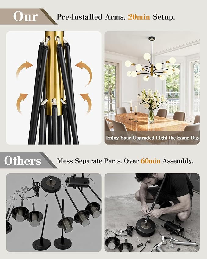 Modern Chandelier, 12-Light Sputnik Ceiling Light Fixture, Mid Century Height Adjustable Sputnik Chandeliers for Dining Room, Kitchen Island, Living Room, Bedroom - Black and Gold