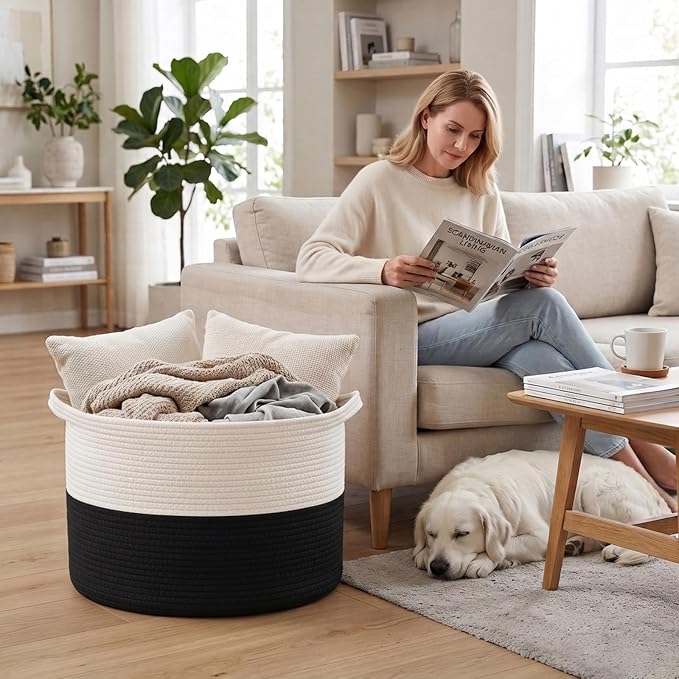 115L Extra Large Blanket Basket,Woven Laundry Basket-White&Black | Collapsible, reinforced handles, nursery storage bin organizes clothes, toys and pillows for living room, bedroom bathroom