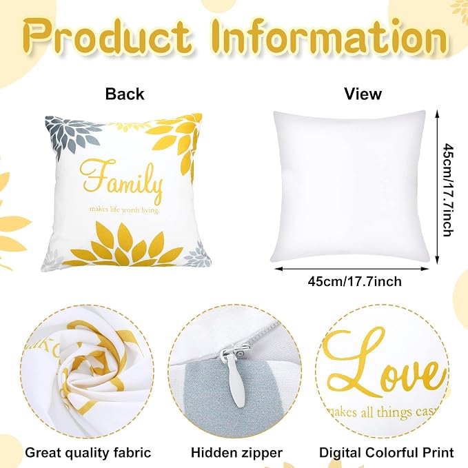 Tatuo 4 Pcs Flower Pillow Covers Square 18 x 18 Inch Yellow Silver Series | Pillow Cushion Cases for Sofa Bed, Family Faith Hope Love Words, Decorative Flower Pattern, Living Room Home Decor