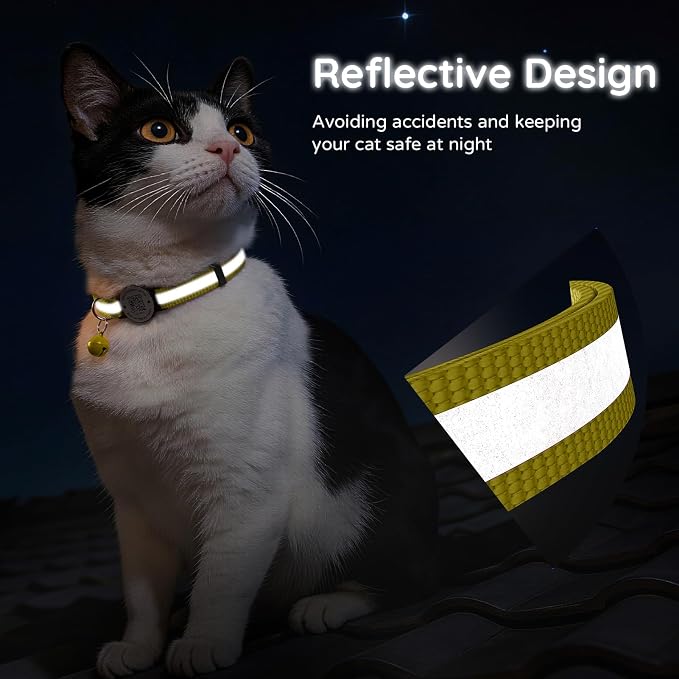 Breakaway Cat Collar QR Code, Reflective Bell, Adjustable Kitten, Yellow