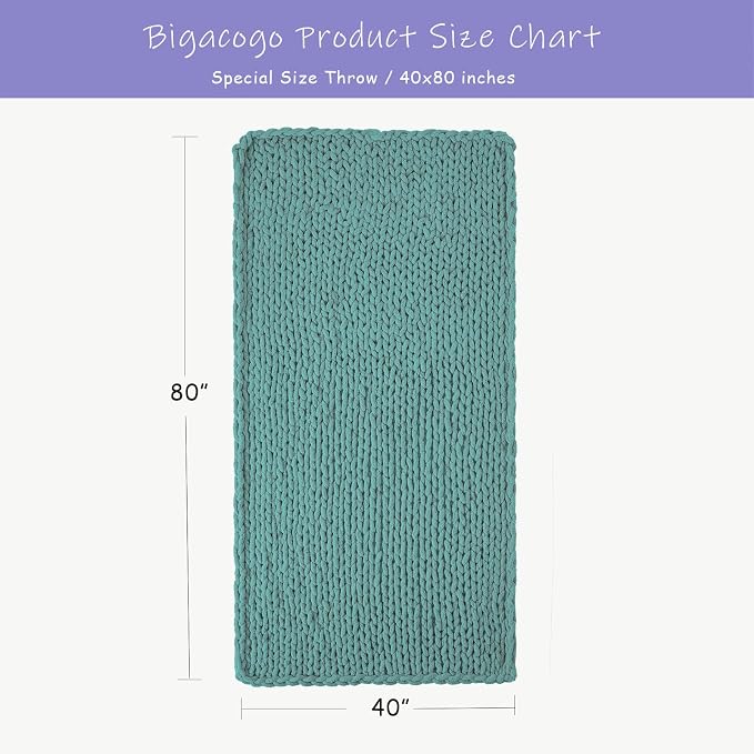 Bigacogo Chunky Knit Throw Blanket for Couch, 40x80 inches, Light Teal | Hand Knit with Jumbo Chenille, Soft Breathable Cable Knit for Sofa Bed Living Room, Machine Washable, Gift for Mom Friend