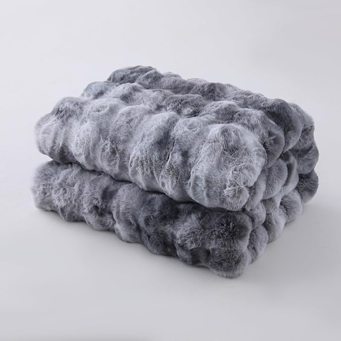 Super Comfort Oversized Warm Thick Bubble Luxury Plush Rabbit Faux Fur Throw Blanket, Fluffy Blanket,Soft Cozy Blanket for Couch Chair Bed Sofa Living Room (Tie-Dye Grey, 60inX80in)