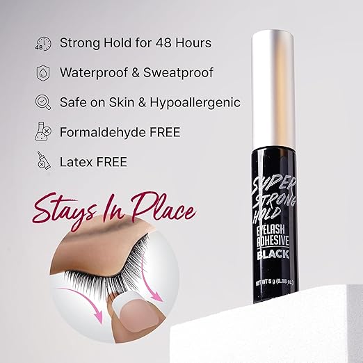i•ENVY Super Strong Hold Eyelash Adhesive, Waterproof, 48-Hour Long-Lasting Lash Glue, Latex-Free, Hypoallergenic, Quick-Drying with Brush-On Applicator for Strip Lashes (Black, 6 Pack)