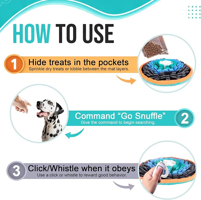 20" Dog Snuffle Mat - Interactive Dog Puzzle Toys for Enrichment - Large Slow Feeder Foraging Mat for Brain Games & Nosework Training - Washable Pet Sniff Mat with Training Clicker & Whistle