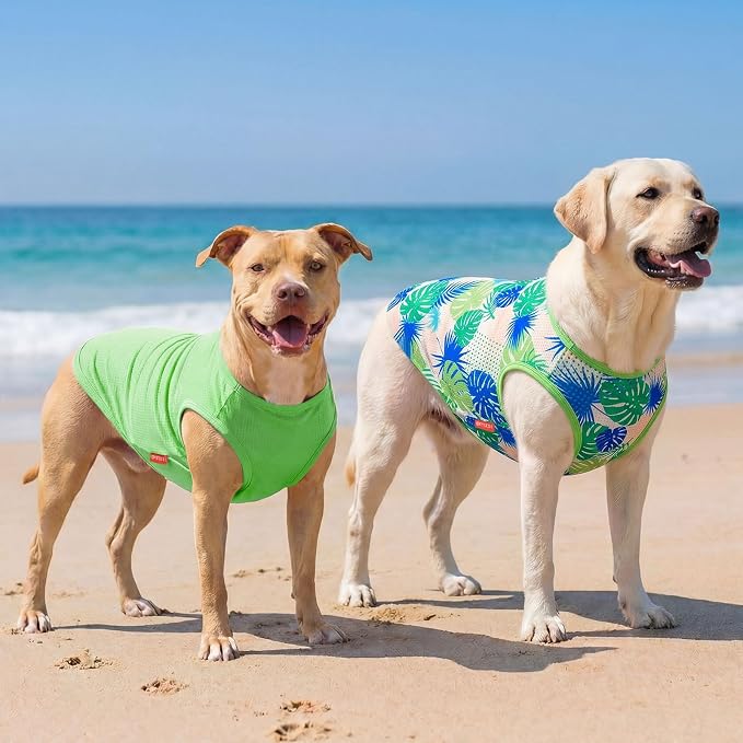 KYEESE 2Pack Dog Shirt, Lightweight Sun Protection Dog T Shirts for Medium Large Dogs Boy Girl, Breathable Mesh Tank Top Sleeveless Pet Reflective Vest, Soft Summer Dogs Clothes, Hawaii+Green, 2XL