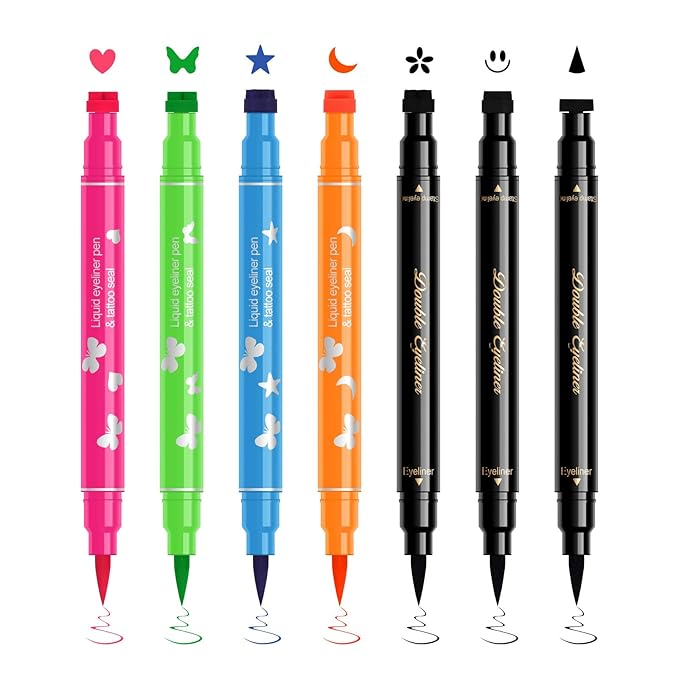 Ownest 7Pcs Colorful Eyeliner Stamp, Eye Liners Face Stamp for Cosplay Makeup, Black Blue Red Pink Orange Star Flowers Heart Moon Triangle Butterfly Smile Stamps Eyeliner Set