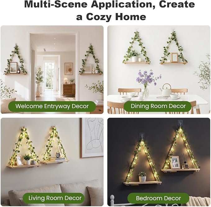 RICHER HOUSE Hanging Floating Shelves No Drill, Macrame Plant Wall Shelf | 2 Set Boho Trinket Shelf with Artificial Ivy and LED Lights, Wall Art Aesthetic Decor, for Bedroom, Dorm, Two-Way Install