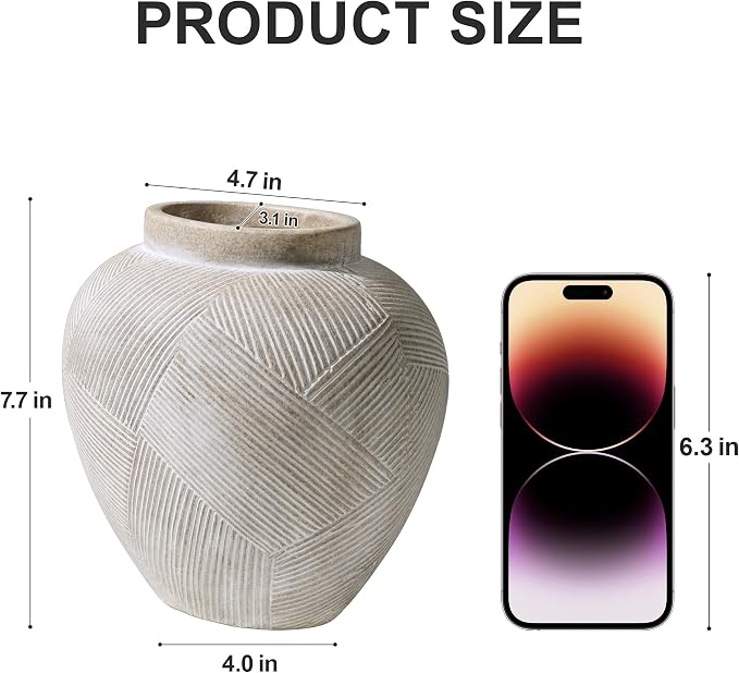 DREAMLOOM 7.7 Inch Flat Ceramic Flower Vase, Cream Grey | Textured, Farmhouse Vintage, Pottery Terracotta, Home Decor, Living Room Dining Table Wedding Centerpieces