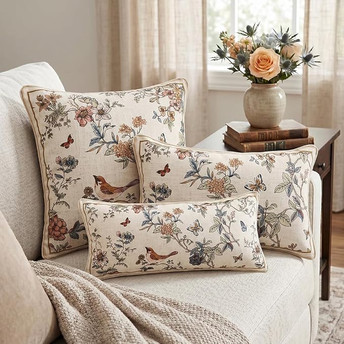 Designer Vintage Linen Throw Pillow Cover,18"x18"-Cornucopia A | Elegant French Square Pillow Cover,Concealed Zipper,Floral and Bird Pattern,Sofas,Bedroom,Living Room,Lounge Chairs