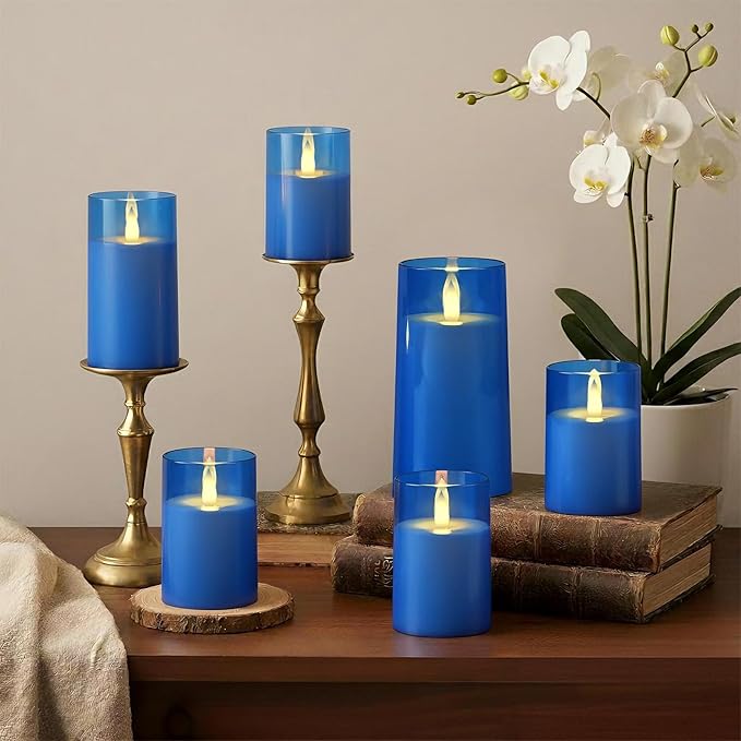 Raycare Flameless Electronic Pillar Candles with Remote Control and Timer- Battery Operated Realistic Flickering LED Fake Candle for Home, Wedding, Valentine's Day Decor,Blue,Set of 2(3"x6"6")
