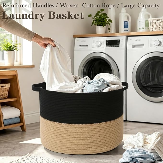 115L Extra Large Blanket Basket,Woven Laundry Basket-Black&Camel | Collapsible, reinforced handles, nursery storage bin organizes clothes, toys and pillows for living room, bedroom bathroom