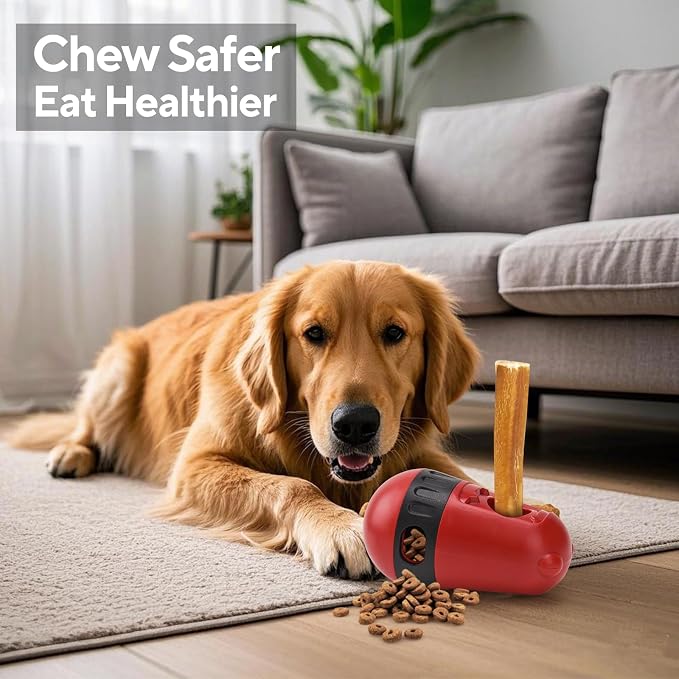 LIFLIX 2 in 1 Interactive Treat Dispensing Dog Toys, Bully Stick Holder, Adjustable Dog Treat Holder for Medium & Large Dogs, Safety Device to Prevent Choking, Red