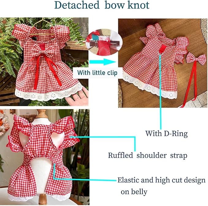 ANIAC Plaid Dog Dress with Leash Ring Girl Dog Clothes for Small Dog Bow Decor Red Cat Dress for Cat only Holiday Puppy Clothes for Chihuahua Yorkie Dachshund Pomeranian (Medium, Plaid)