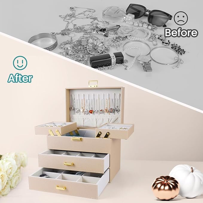 Jewelry Organizer Box, Large Jewelry Boxes for Women Girls, Space-Saving 4 Layers Jewelry Storage Case with Drawer, Movable Metal Stand, Modern, Gift Idea (Champagne + Gold)