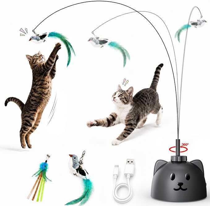 Interactive Cat Toys for Indoor Cats, 360° Automatic Spin Flying Bird Wand