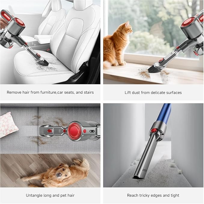 Cordless Vacuum Cleaner, Powerful Stick Vacuum with Green Light Anti-Tangle Brush, Removable Battery, 6-in-1 Lightweight Handheld for Pet Hair, Carpet & Hard Floors, Red