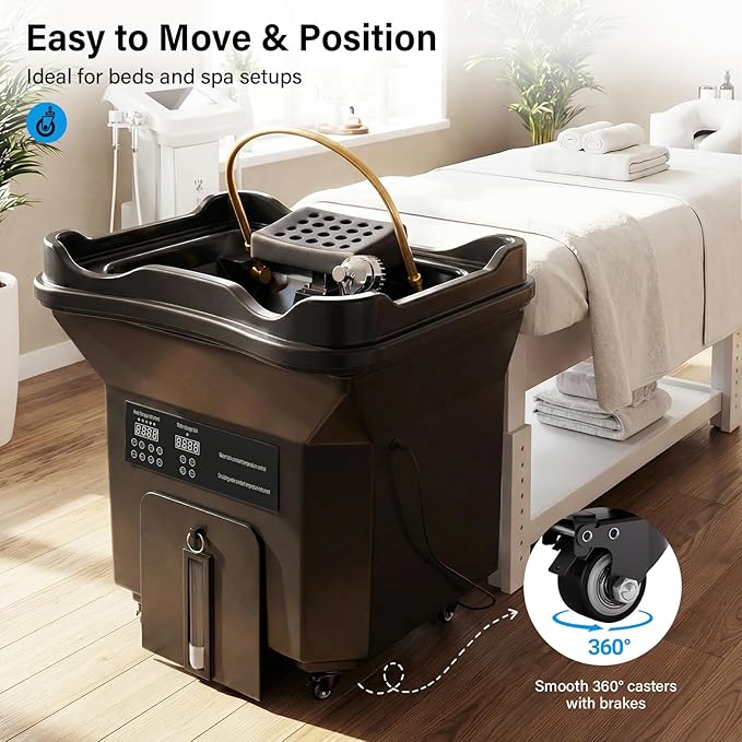 Head Spa Equipment with Thermostatic Waterfall Circulation, 60L Water Storage and 30L Wastewater Tanks, Mobile Shampoo Bowl with Fumigation & LED Therapy for Spa Bed Salon Scalp Care, Black