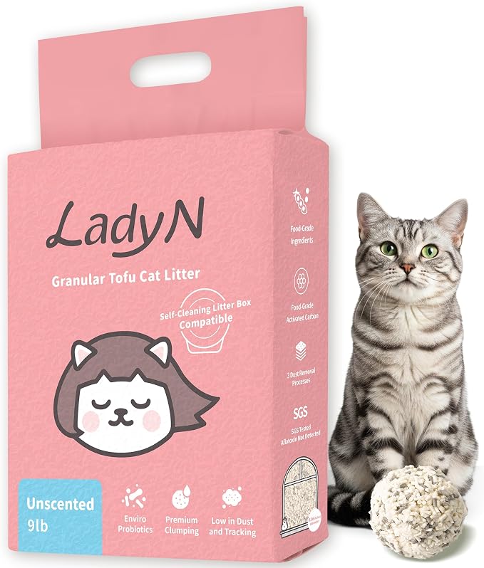 Lady N Tofu Cat Litter, Low Dust Compatible with Auto-Box Unscented 9lb | Mini-Pellet Shape, Strong Clumping, Ultra Absorbent, Activated Charcoal Odor Control