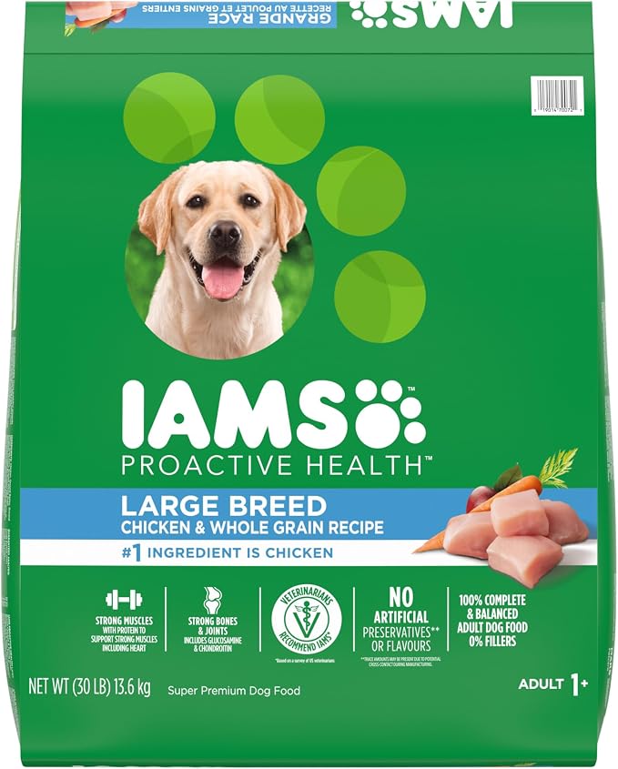 IAMS Proactive Health Large Breed Dry Dog Food, Chicken, 30 lb | Veterinarian-recommended, real chicken #1 ingredient, L-Carnitine for metabolism, Glucosamine & Chondroitin, optimal calcium