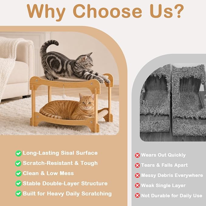 Two-Tier Sisal Cat Scratcher Bed, Solid Cats Scratching Post Hammock Lounge for Indoor Cats, Comfortable Cat Bed Natural Sisal Scratch Pad for Cats Scratcher Lounge, Sturdy Wooden Cat Furniture