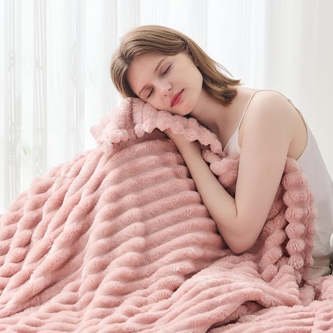 NEWCOSPLAY Fleece Ribbed Cozy Queen Blanket for Couch, Pink, 90"x90" | Premium Silky Flannel Blanket, Soft Lightweight Fluffy Throw Blanket for Bed Sofa Decor, Gift for All Season Use