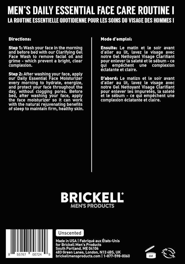 Brickell Men's Daily Essential Face Care Routine I, Gel Facial Cleanser Wash and Face Moisturizer Lotion, Natural and Organic, Unscented, Skincare Gift Set