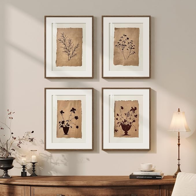 Framed Vintage Botanical Wall Art for Bathroom, Retro Brown Floral Prints Paintings, Neutral Rustic Minimalist Flowers Pictures for Bedroom Dining Room Kitchen Wall Decor, 11x14 Inch-4 Piece
